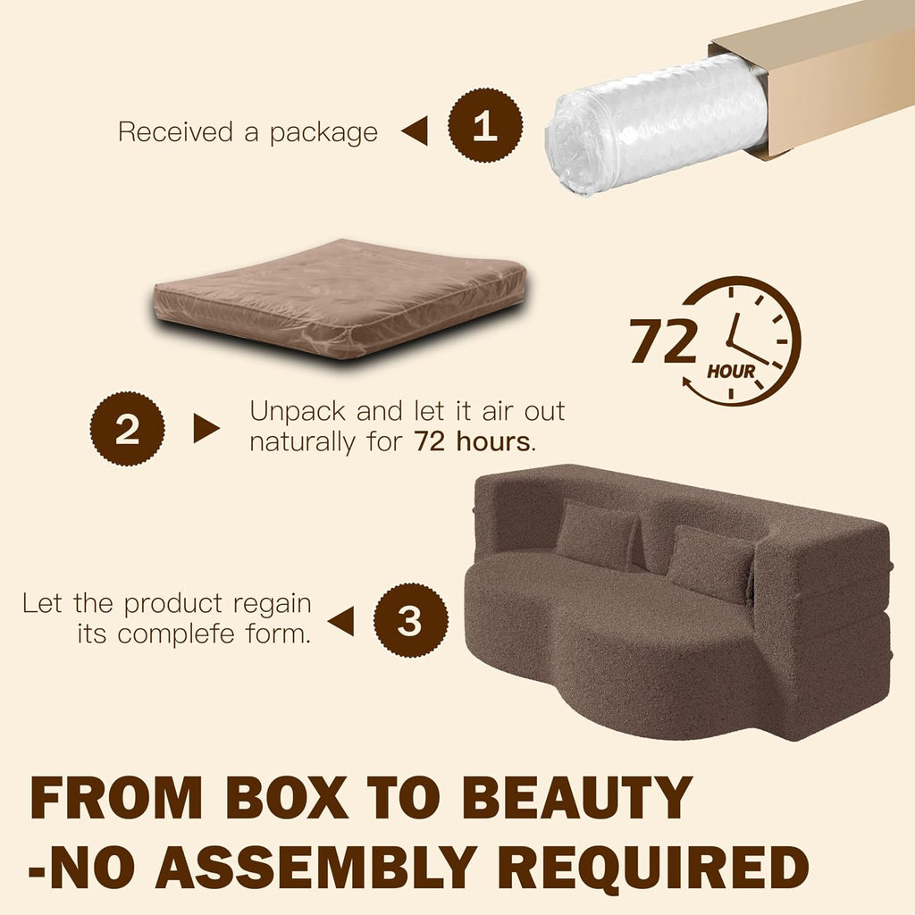78' Full Size Convertible Folding Sofa Bed, Modern Teddy Fabric Futon Sofa Bed with 2 Pillows, Foam Mattress Futon Loveseat Couch, No Assembly Floor Couches for Living Room, Playroom, Apartment, Brown