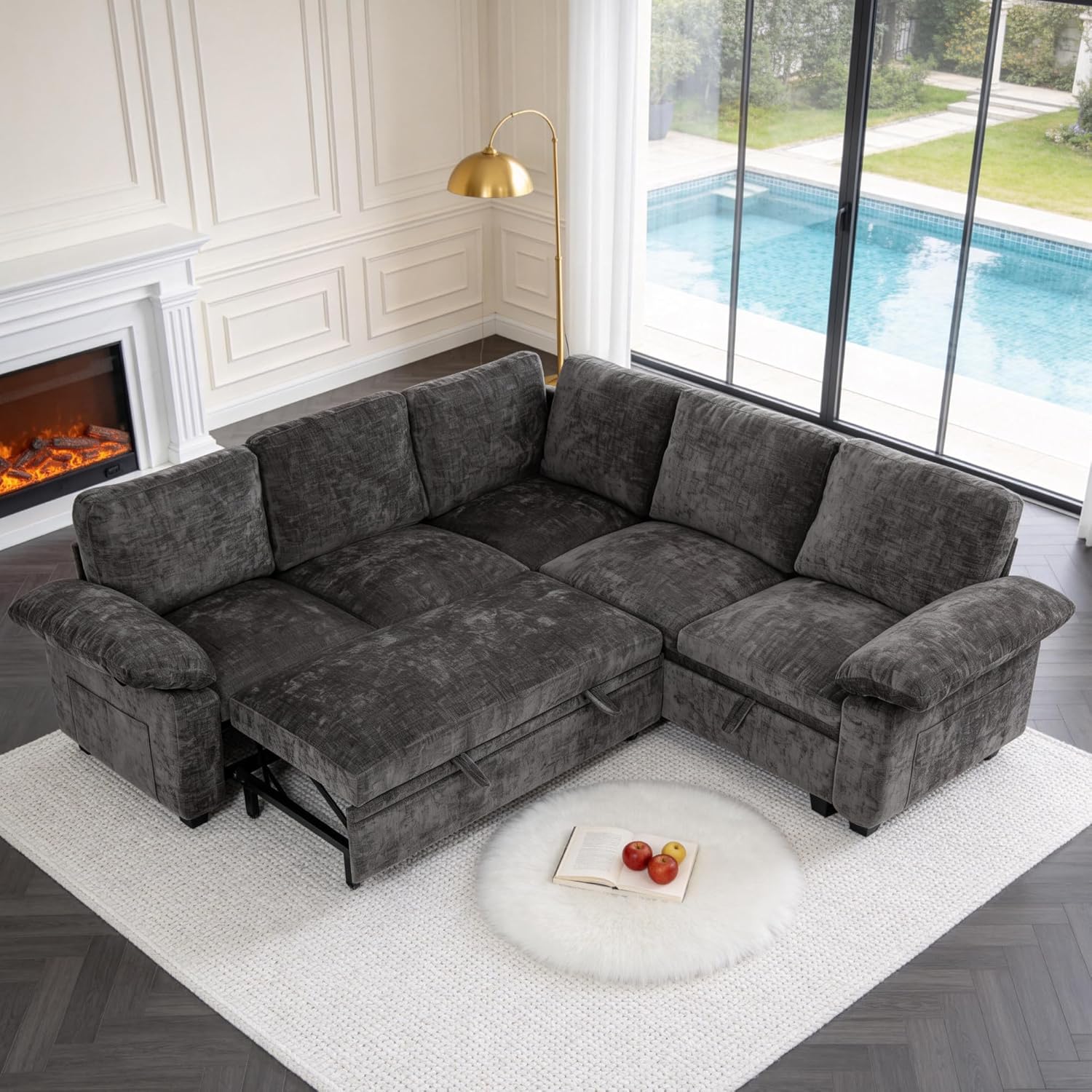 86 Inch Sectional Sleeper L Shaped Sofa with Pull Out Bed, Modular Sectional Sofa with Storage, Modern Chenille Cloud Couch, Sectional Couches for Living Room, Gray