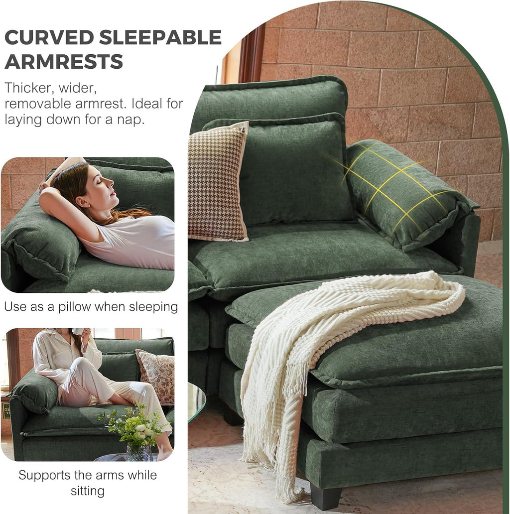 ELUCHANG 116' Luxury Modular Sectional Sofa, Comfy Deep Seat Cloud Couch, Sleeper Sofa Bed, 6 Seat Modern Couch with Removable Cover for Living Room, Apartment, DIY Combination, Chenille Green