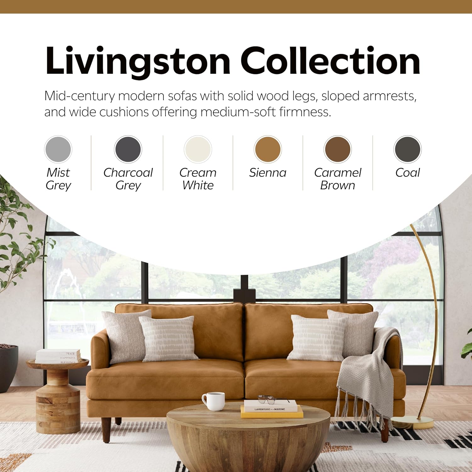 SIMPLIHOME Livingston Sofa - 76' Wide x 33' High Top Grain Genuine Leather Sofa in Sienna, Mid-Century Modern Loveseat for Living Room with Removable Feather-Wrapped Cushions and Solid Wood Frame
