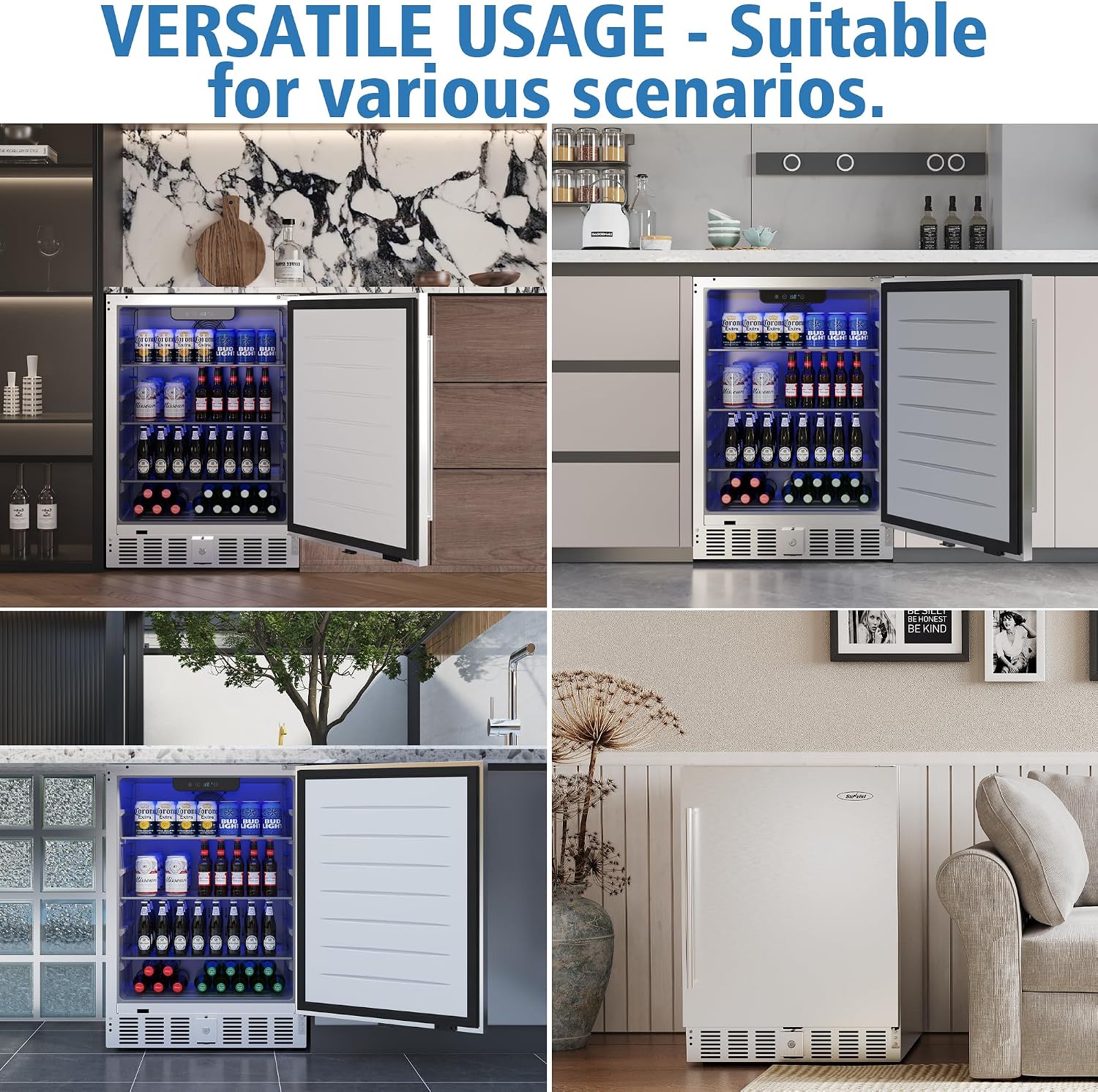 SUNVIVI Outdoor & Indoor Beverage Refrigerator, 24 Inch Stainless Steel Under Counter Drink Fridge, Silver Weatherproof Can Cooler Wine Chiller with Lock for Kitchen, Office, Patio, Bar, Home
