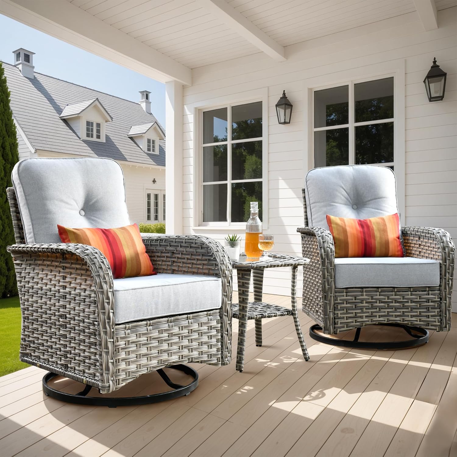 ovios Outdoor Swivel Rocking Chair Set of 3 with Coffee Table, Patio Wicker Rocker with Comfortable Thicken Deep Seating, Comfy Rattan Glider Chairs for Porch Deck Balcony Garden Backyard, Grey