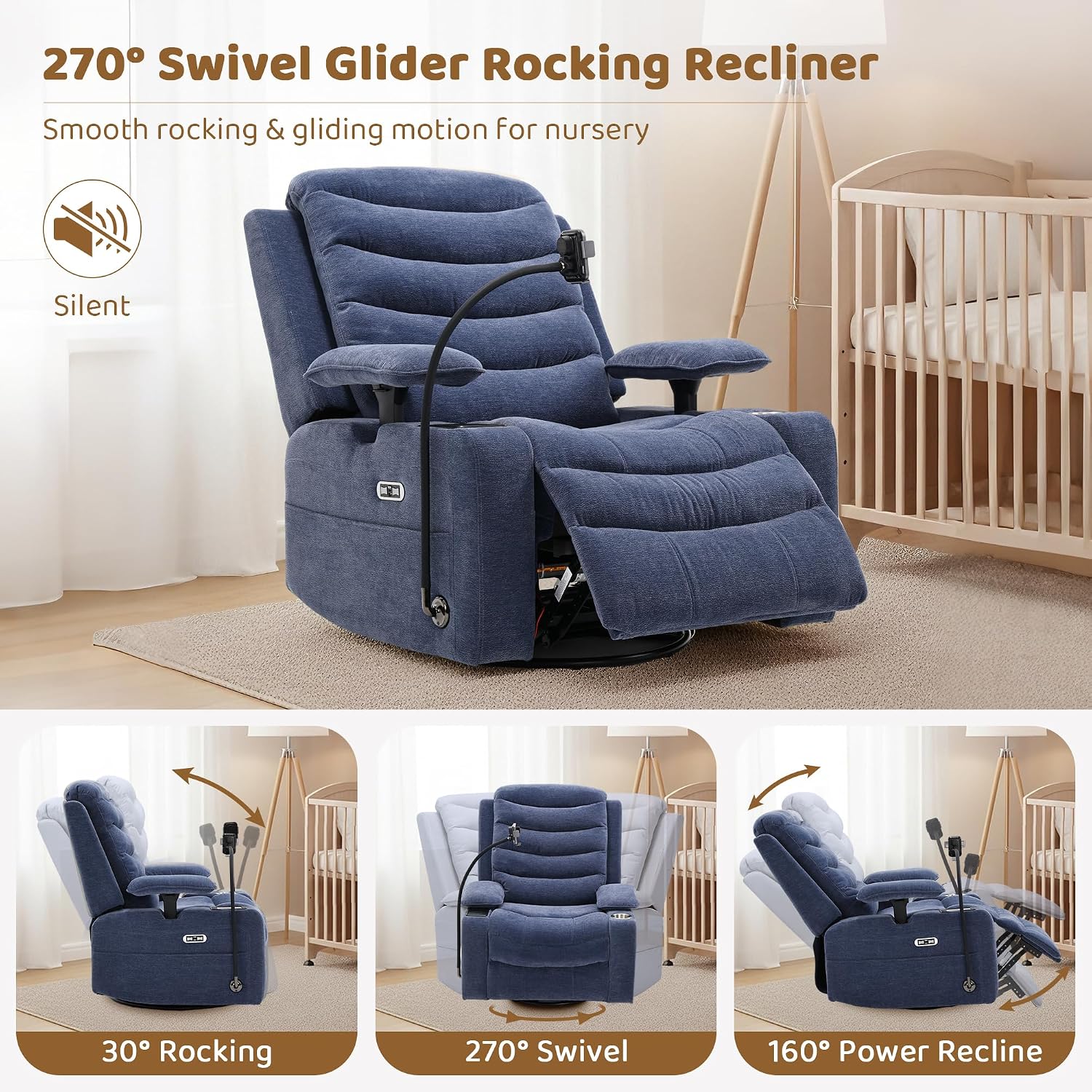 Olela Power Glider Recliner Nursery Chair, Swivel Rocking Chair with Electric Lumbar Support, USB Charging, Smart Cup Holder, Light, Adjustable Armrest, Wireless Phone Charger Holder, Chenille