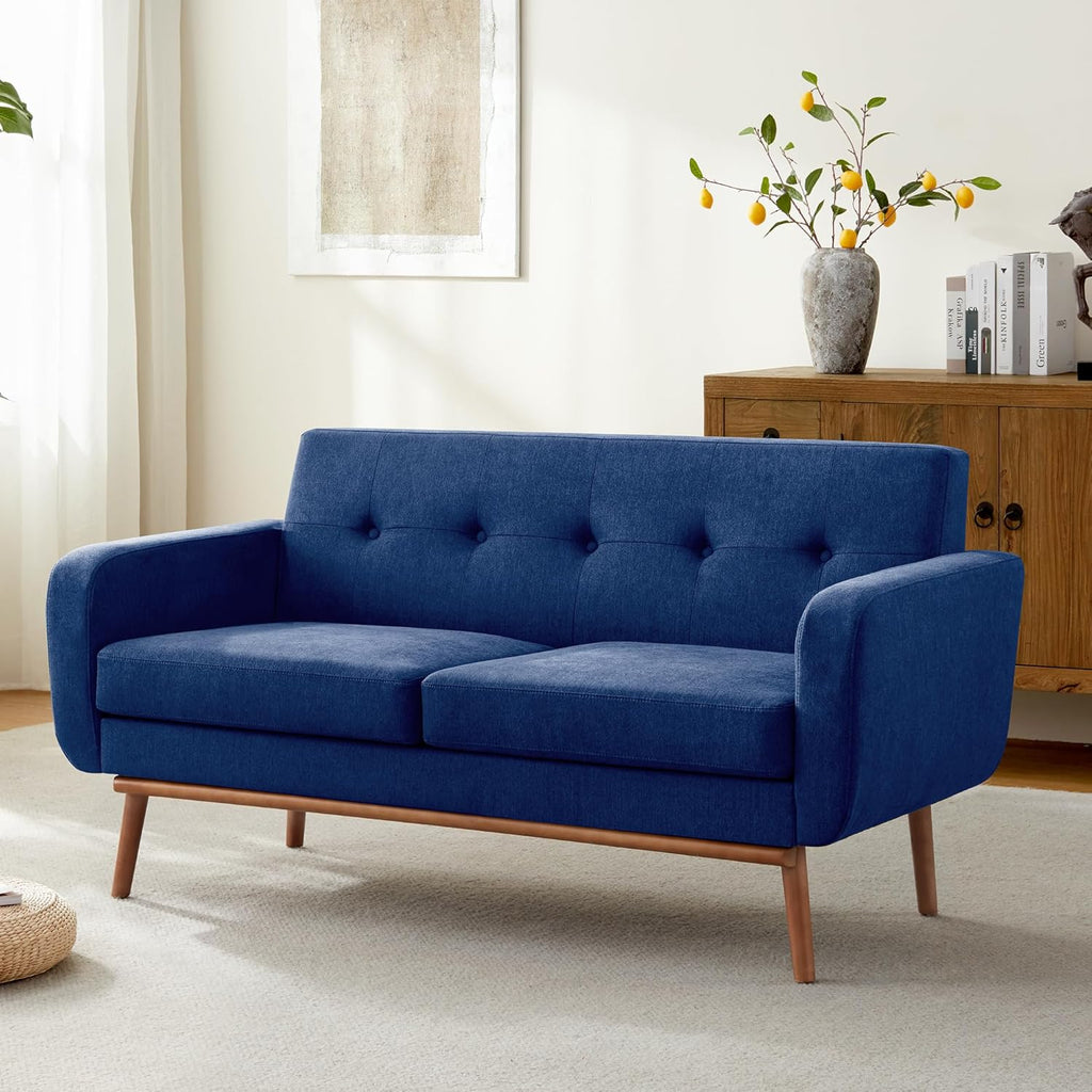 HUIMO Sofa Couch, Mid Century Modern Sofa with Solid Wood Frame, Button Tufted Couch for Bedroom, Living Room, Office, Apartment (Dark Blue, 60 inch)