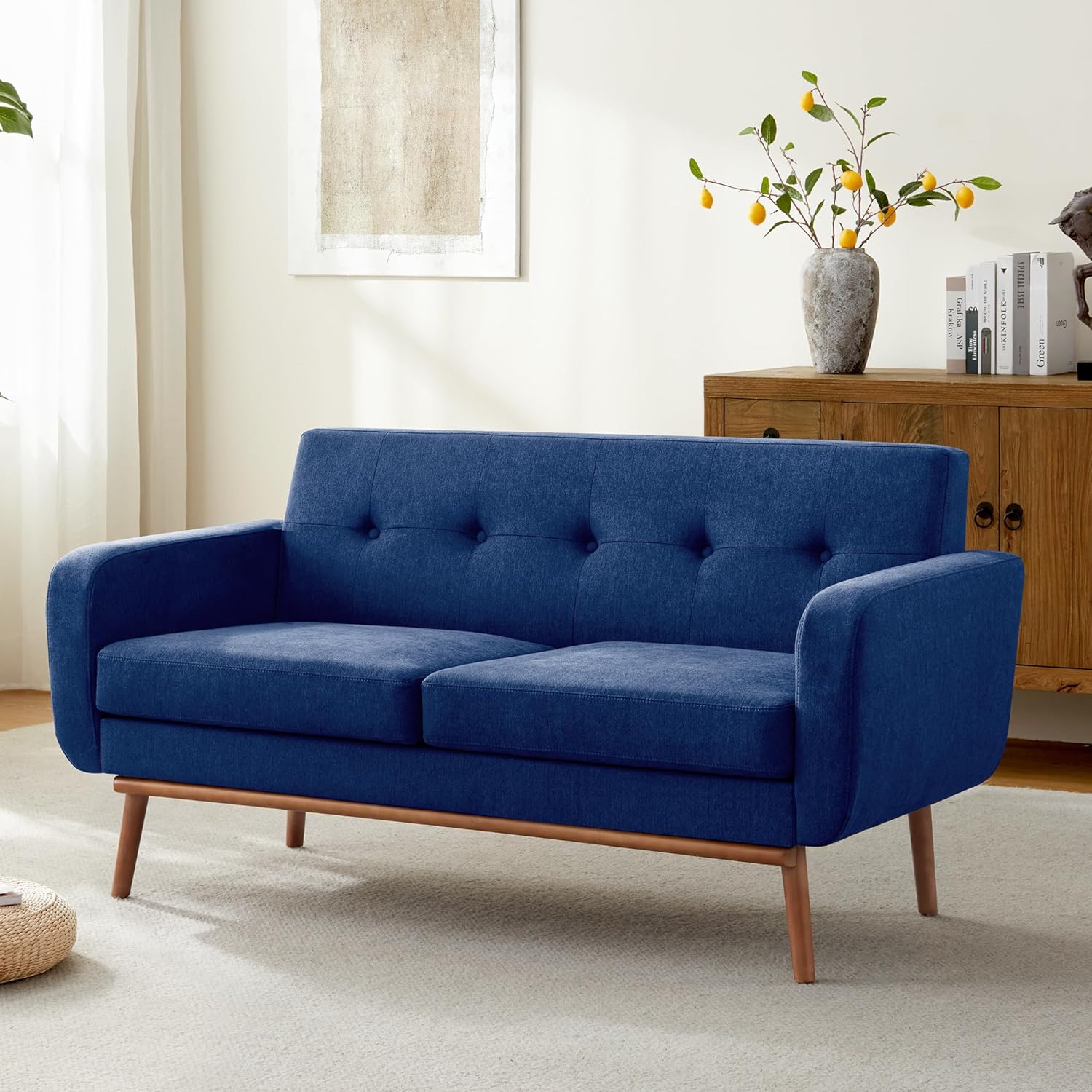 HUIMO Sofa Couch, Mid Century Modern Sofa with Solid Wood Frame, Button Tufted Couch for Bedroom, Living Room, Office, Apartment (Dark Blue, 60 inch)