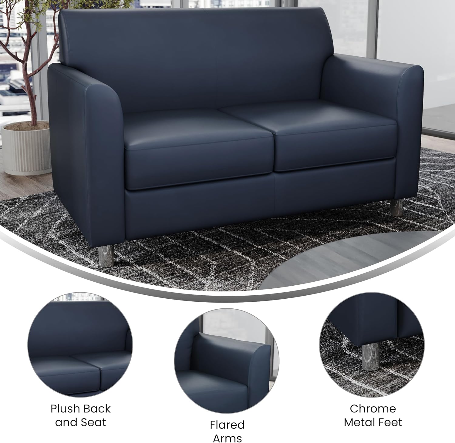 Flash Furniture Hercules Diplomat Side Reception Loveseat with Chrome Legs, Lobby Chair with Cushions and Flared Arms, Navy LeatherSoft