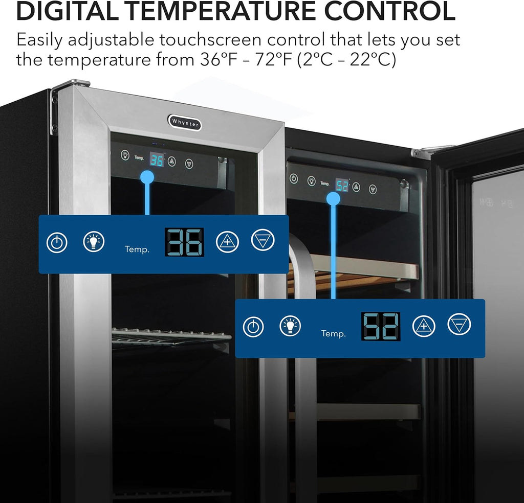 Whynter Cooler BWB-2060FDS Built-in French Door 20 Bottle Wine Refrigerator 69 Can Beverage Center, Stainless Steel, 24' Wide Dual Zone, Silver