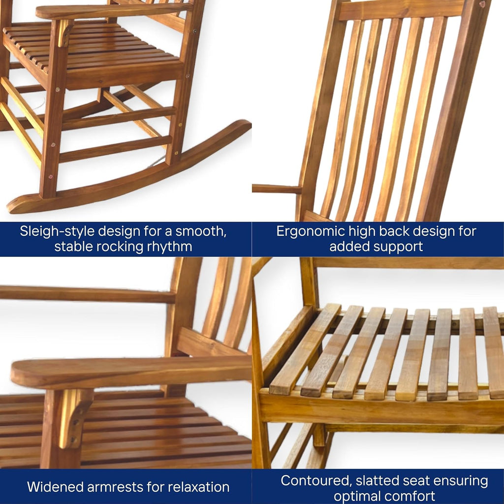 Patio Wise Acacia Wood Rocker Chair, Indoor/Outdoor Wooden Rocking Chairs, Porch, Deck, Patio, & Balcony Furniture, 26 -Inches Long x 35 ½ -Inches Wide x 44 ½ -Inches High, Teak