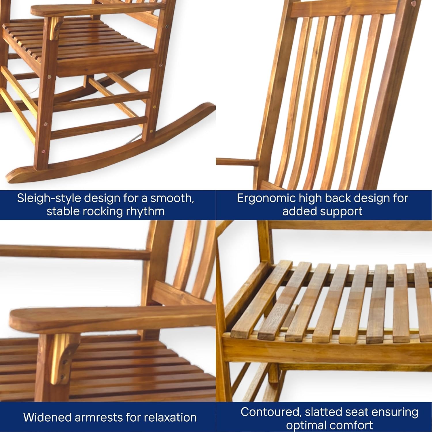 Patio Wise Acacia Wood Rocker Chair, Indoor/Outdoor Wooden Rocking Chairs, Porch, Deck, Patio, & Balcony Furniture, 26 -Inches Long x 35 ½ -Inches Wide x 44 ½ -Inches High, Teak