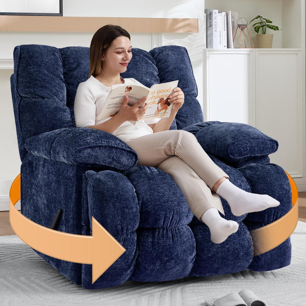 Oversized Manual Recliner Chair with 360° Swivel, Big and Tall Rocker Glider for Nursery Living Room, Chenille Overstuffed Reclining Sofa with Handle, 375lbs (Blue, Manual)