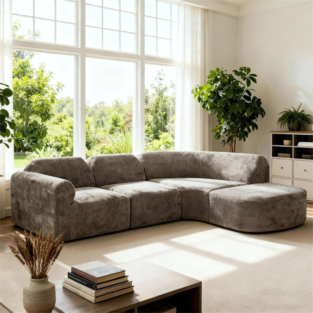 Merax Modern Curved Sectional Sofa with Ottoman, Couch 4-Piece Set High-Density Compressed Sponge, Fully Assembled, Right Hand Facing, Plush Deep Seat for Living Room, Lounge, Apartment, Dark Brown