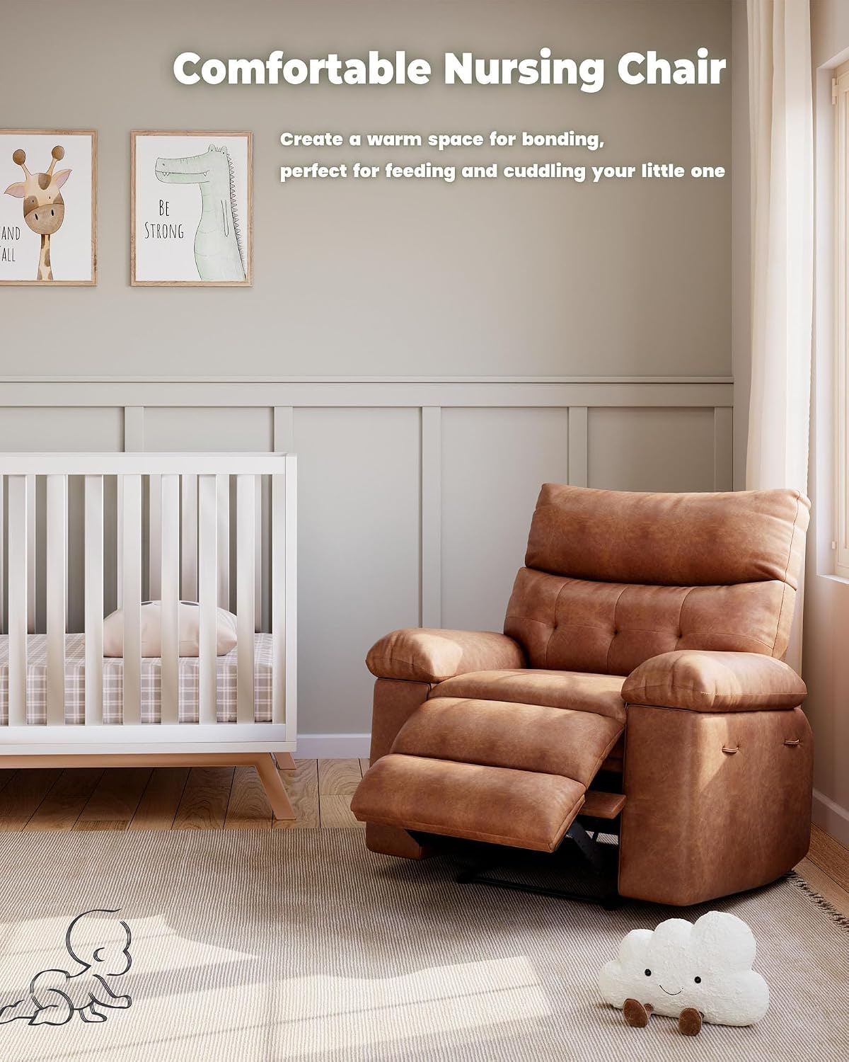 Oversized Recliner Chair with Heating & Massage, XL Faux Leather Nursery Rocking Chairs for Adults with Cup Holder and Side Pockets, Swivel Chair for Living Room, Bedroom Retro
