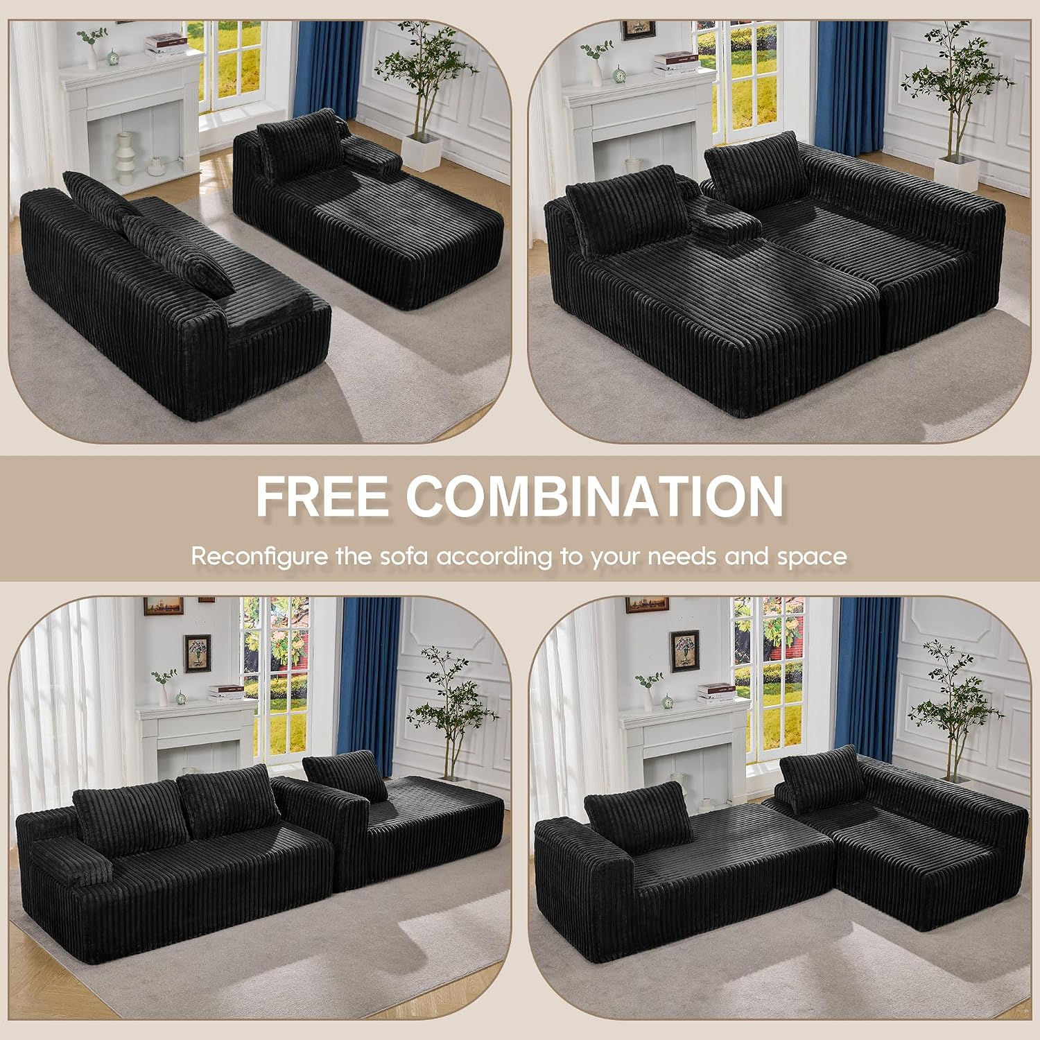 Modular Sectional Sofa Couches L-Shape Couch 3 Seat Modular Sofa Memory Foam Sectional Couches for Living Room, Cloud Couch with Oversized Chaise (Black Stripe, 108' Right Facing Chaise)