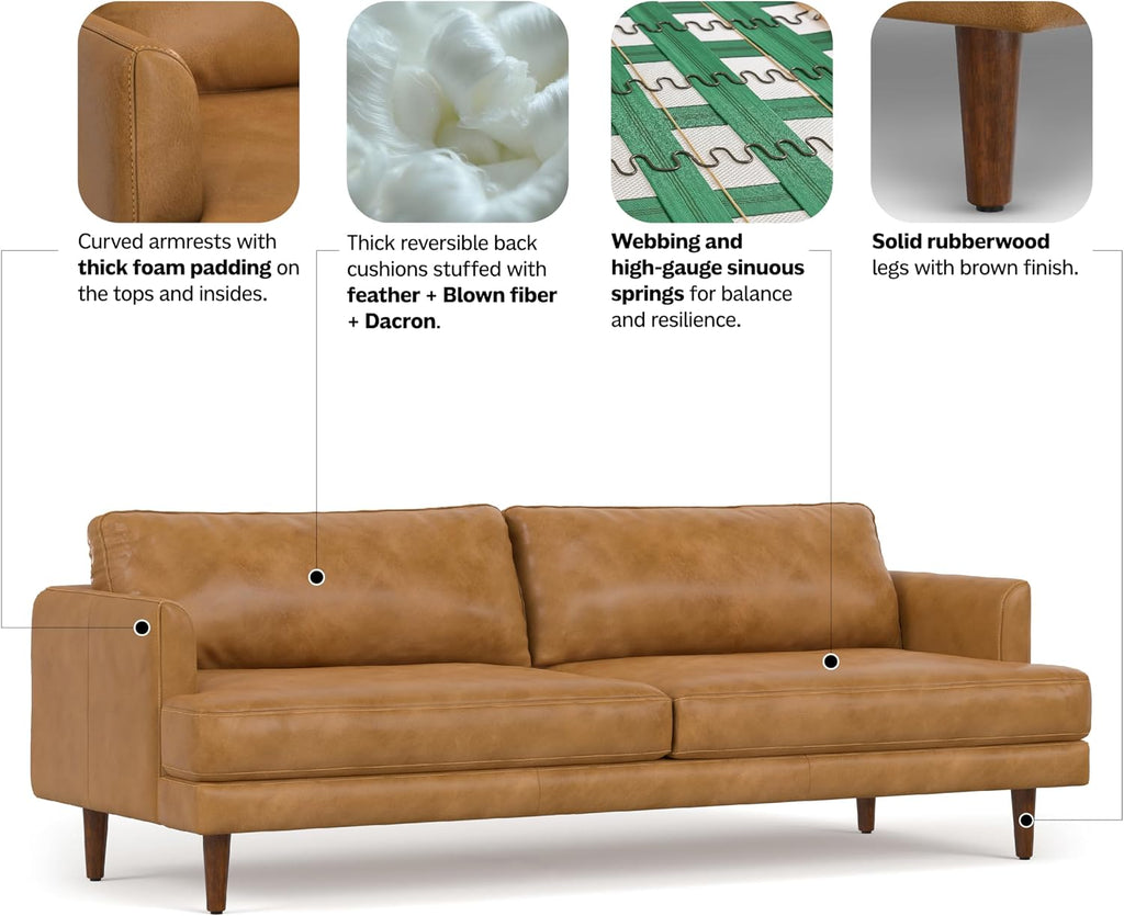 SIMPLIHOME Livingston 90-inch Wide Sofa in Sienna Top Grain Genuine Leather, Handcrafted Mid-Century Modern Couch for Living Room, Large 3-Seater with Feather-Wrapped Cushions and Solid Wood Frame