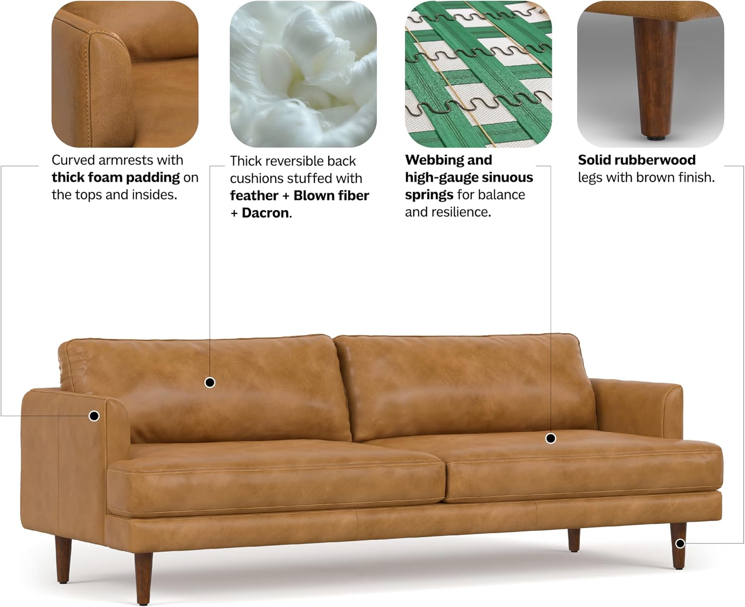 SIMPLIHOME Livingston 90-inch Wide Sofa in Sienna Top Grain Genuine Leather, Handcrafted Mid-Century Modern Couch for Living Room, Large 3-Seater with Feather-Wrapped Cushions and Solid Wood Frame