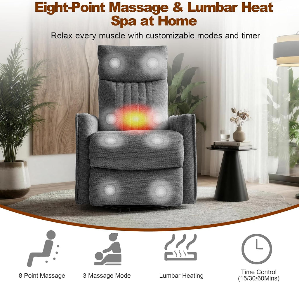 Casaphoria 360° Swivel Rocking Recliner Chair with Heat and Massage Upholstered Fabric Nursery Glider with Side Pocket for Living Room,Bedroom,Home Theater and RV Small Space(Dark Gray)