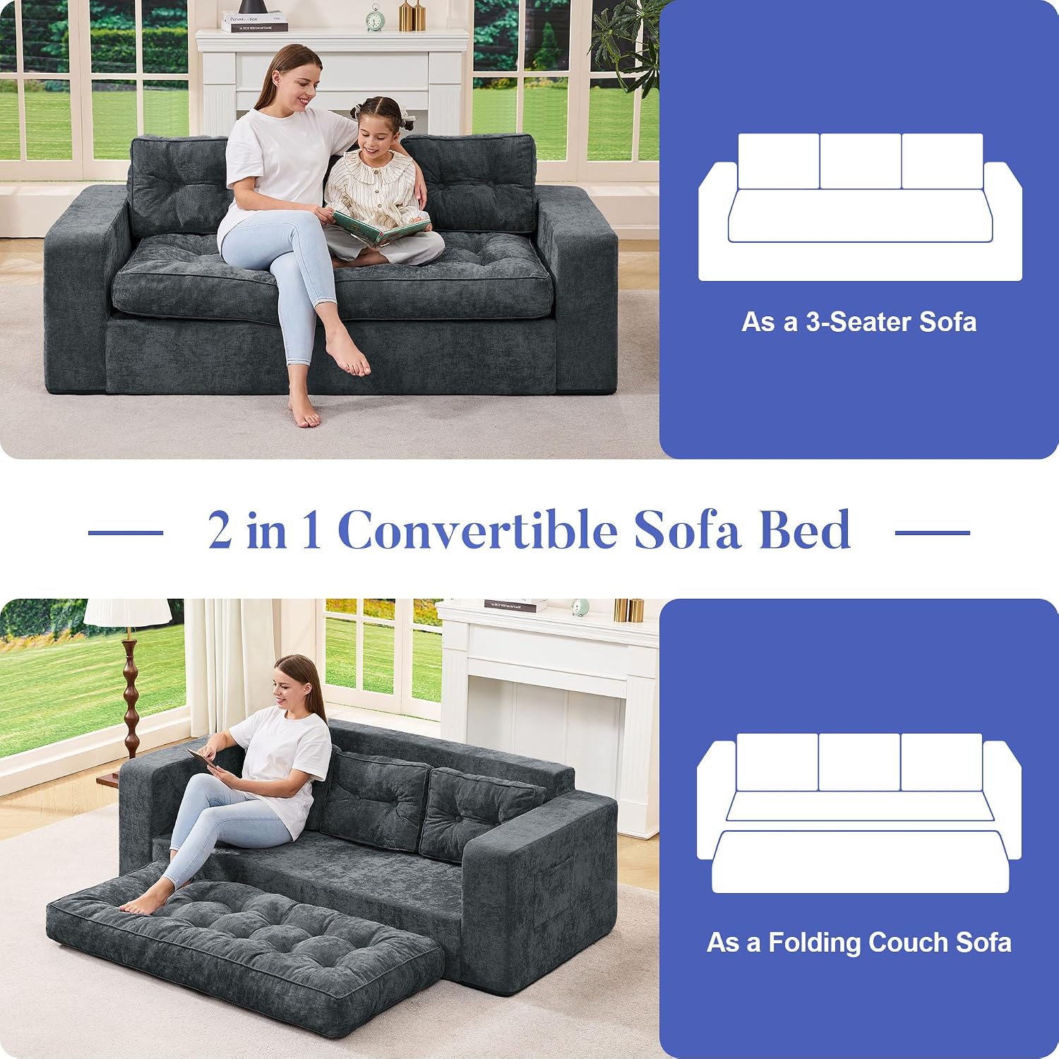 Hobestluk 3-Seater Sofa Boneless Couch with Tufted Button Design 2 in 1 Comfy Cloud Couch Oversized Sofa for Living Room Bedroom Apartment or Office (Blue Grey, 3 Seater)