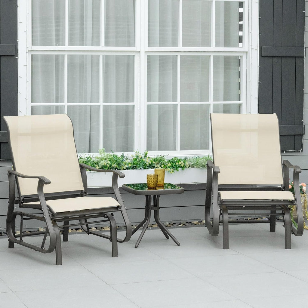 Outsunny 3-Piece Outdoor Gliders Set, Bistro Table and Chairs with Steel Frame, Tempered Glass Top Table for Patio, Garden, Backyard, Lawn, Beige
