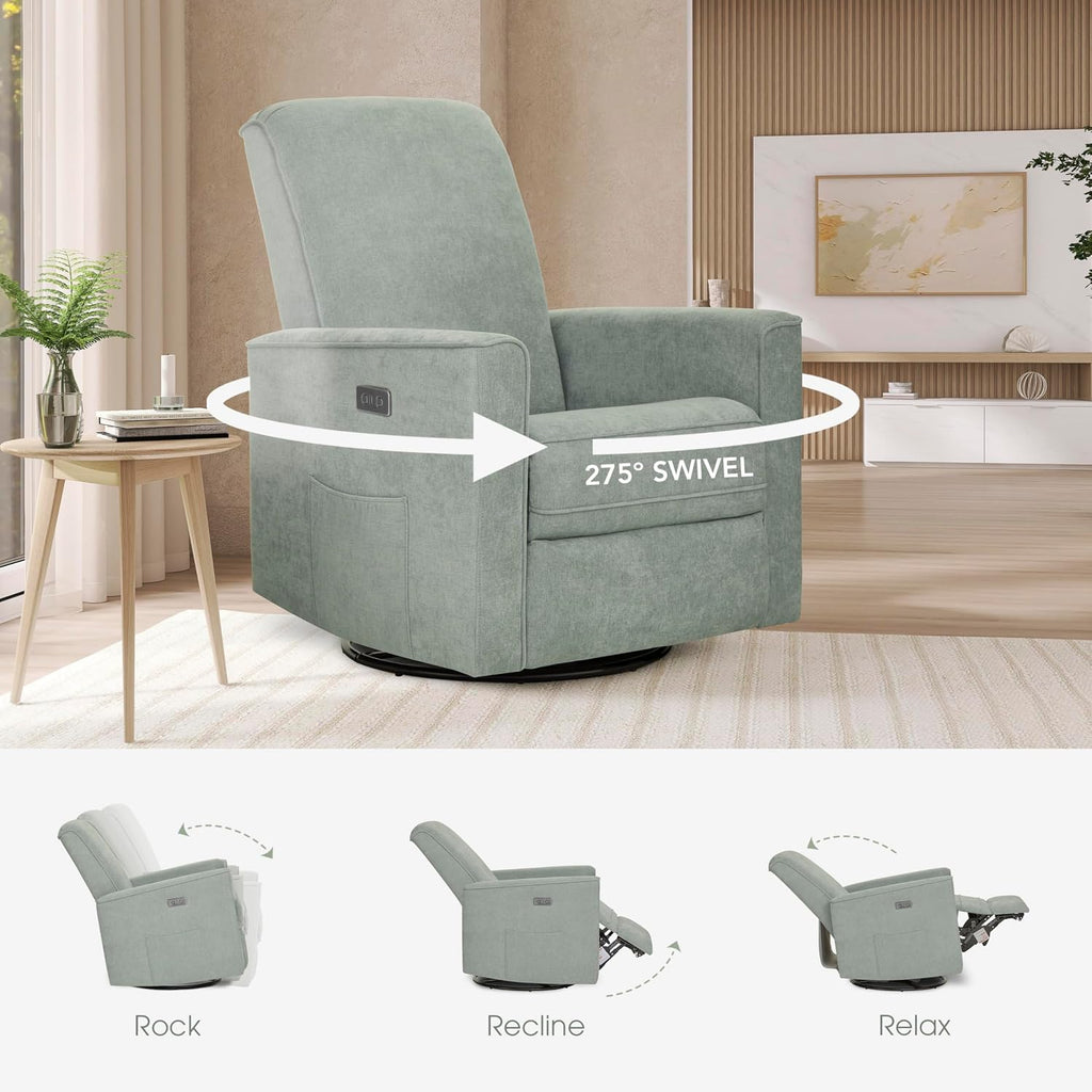 Evolur Harlow Upholstered Power Glider Recliner with USB Charging – Rocking & 275° Swivel with Smooth Glide – Greenguard Gold & FSC Certified – Modern Nursery and Living Room Chair in Sage