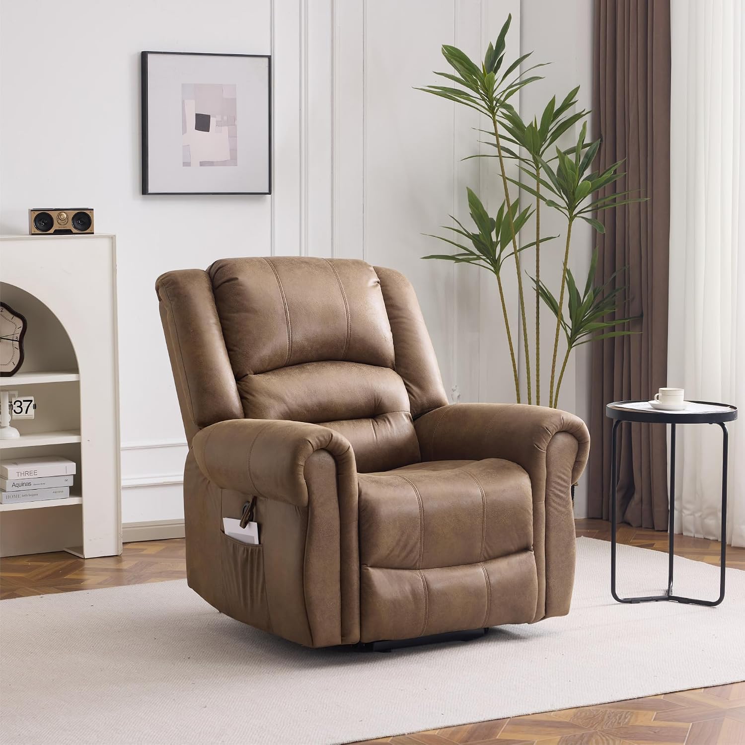 FLEXISPOT Power Lift Recliner Chair for Elderly with Massage & Heat, Faux Leather Electric Reclining Chair for Seniors with USB Ports, Cup Holders & Side Pockets(Medium Size,Camel Brown