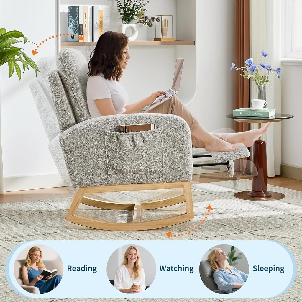 Fabric Rocking Nursery Chair for Mom Nursery,Rocking Chairs with Foot Rest,Recliner Armchair with High Backrest& Wood Legs and Side Pocket for Living Room,Bedroom,Gray