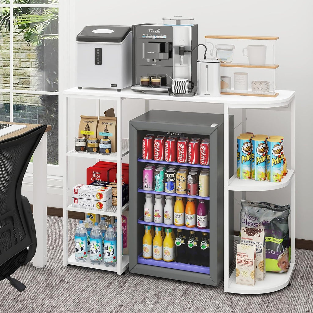 PUNCIA Mini Fridge Stand with Power Outlet, Coffee Bar Cabinet with Refrigerator Space, Microwave Oven Stand & Utility Storage Shelf for Kitchen, Dorm, Apartment & Break Room (White)