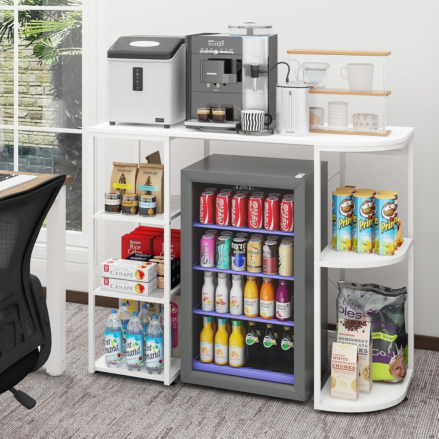 PUNCIA Mini Fridge Stand with Power Outlet, Coffee Bar Cabinet with Refrigerator Space, Microwave Oven Stand & Utility Storage Shelf for Kitchen, Dorm, Apartment & Break Room (White)