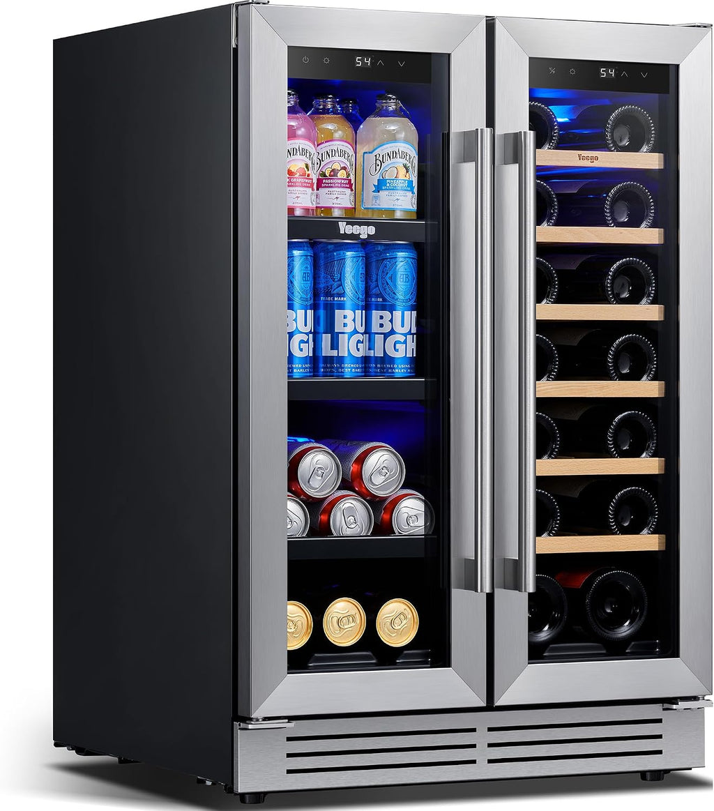 Yeego Wine and Beverage Refrigerator 24', Dual Zone Beverage Cooler Wine Fridge with Upgrade Quiet Cooling, Anti-UV Glass Door, 20 Bottles & 60 Cans Large Capacity, Built-in/Freestanding/Undercounter