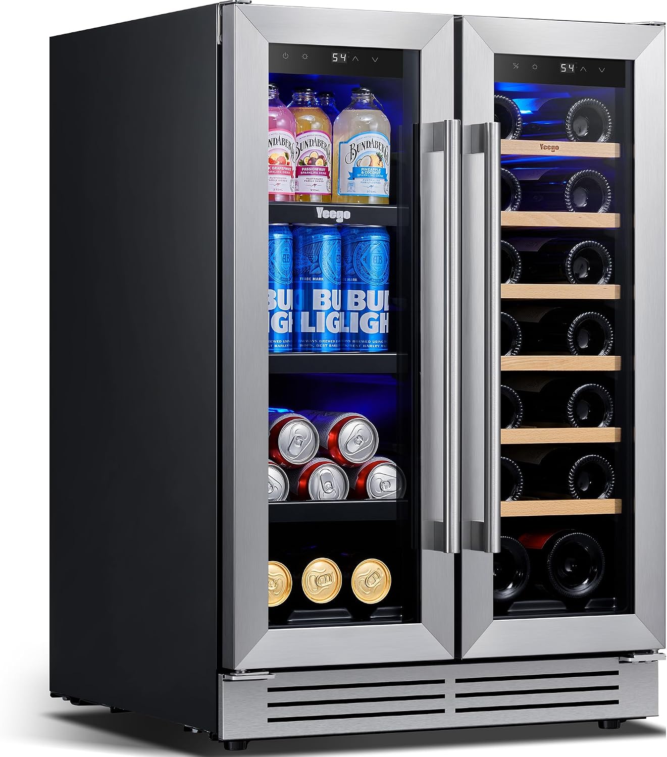 Yeego Wine and Beverage Refrigerator 24', Dual Zone Beverage Cooler Wine Fridge with Upgrade Quiet Cooling, Anti-UV Glass Door, 20 Bottles & 60 Cans Large Capacity, Built-in/Freestanding/Undercounter