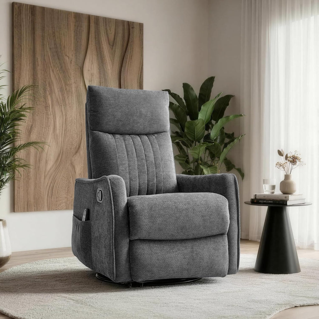 Casaphoria 360° Swivel Rocking Recliner Chair with Heat and Massage Upholstered Fabric Nursery Glider with Side Pocket for Living Room,Bedroom,Home Theater and RV Small Space(Dark Gray)