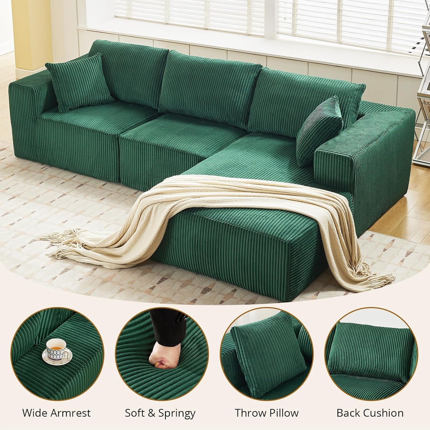 Garvee Boneless Cloud Couch 108' Sectional Modern Comfy l-Shape Convertible Compression Sleeper Modular Sofa with Corduroy Fabric Deep Seat Loveseat + Chaise for Living Room No Assembly Required