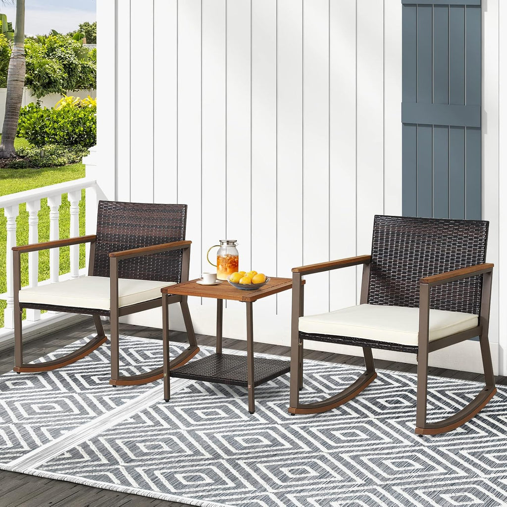 Outdoor Rocking Chair Set, 3 Pieces Patio Set Rocking Chair with Coffee Table & Cushions, Patio Wicker Furniture Set Outdoor Bistro Set for Balcony, Porch & Backyard (White)