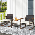 Outdoor Rocking Chair Set, 3 Pieces Patio Set Rocking Chair with Coffee Table & Cushions, Patio Wicker Furniture Set Outdoor Bistro Set for Balcony, Porch & Backyard (White)