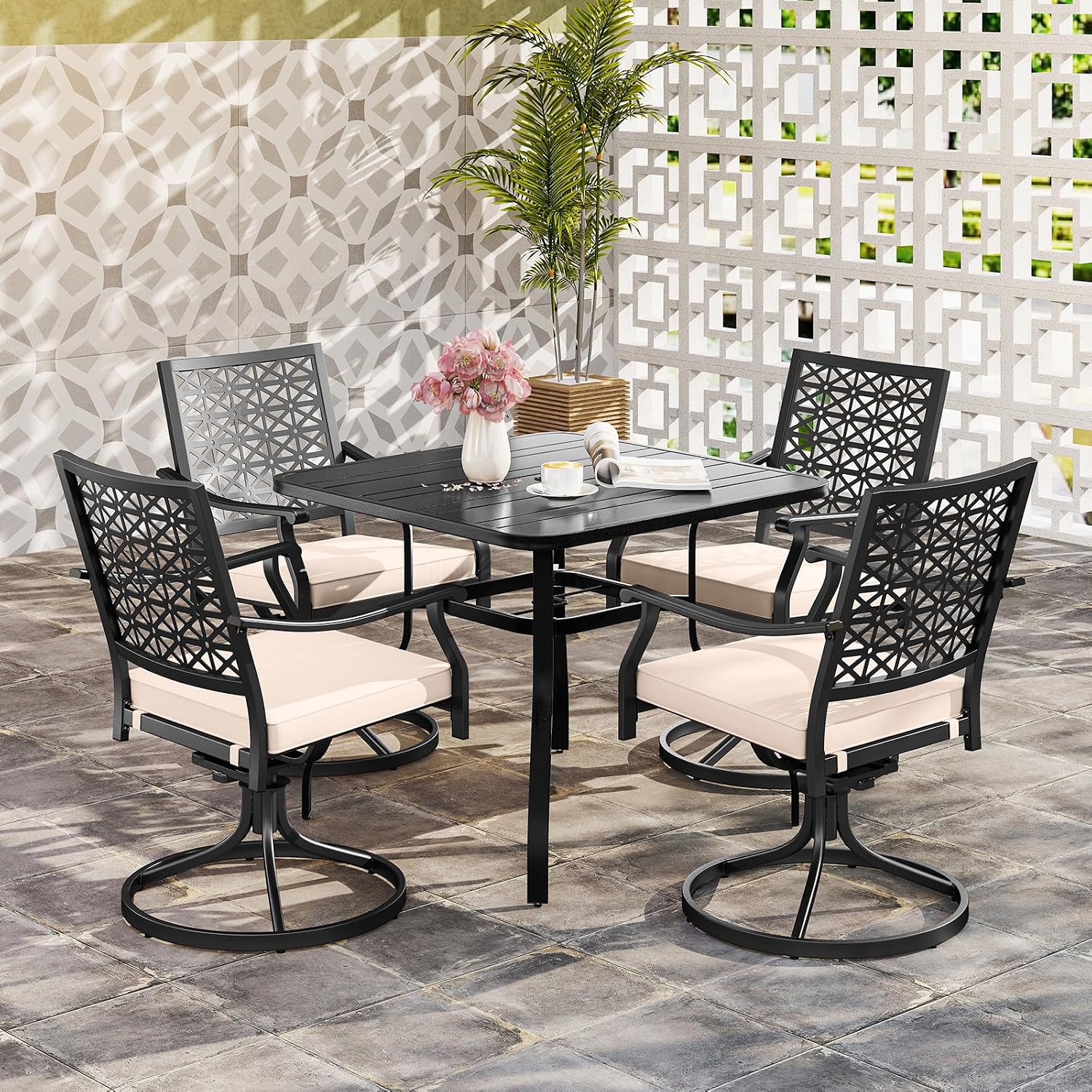 Giantex 4 Pieces Swivel Outdoor Chairs, Set of 2 Patio Dining Rocking Chairs with Soft Cushions, Round Steel Base, Porch Garden Backyard Lawn Poolside Beige