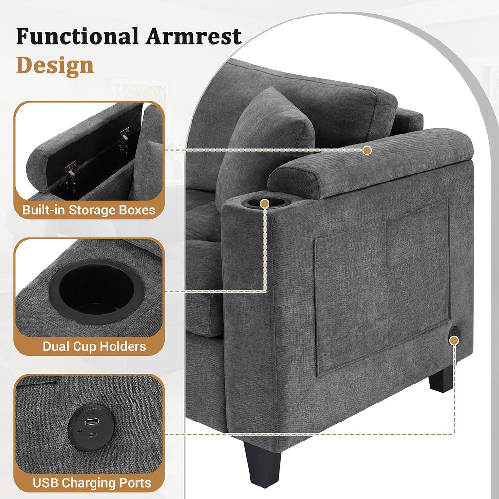 Eafurn Oversized U Shaped Sectional Sofa Tufted Couch w/Left Chaise, 6-Seater Chenille Convertible Corner Couches w/Cup Holders, Storage Armrest and USB Ports
