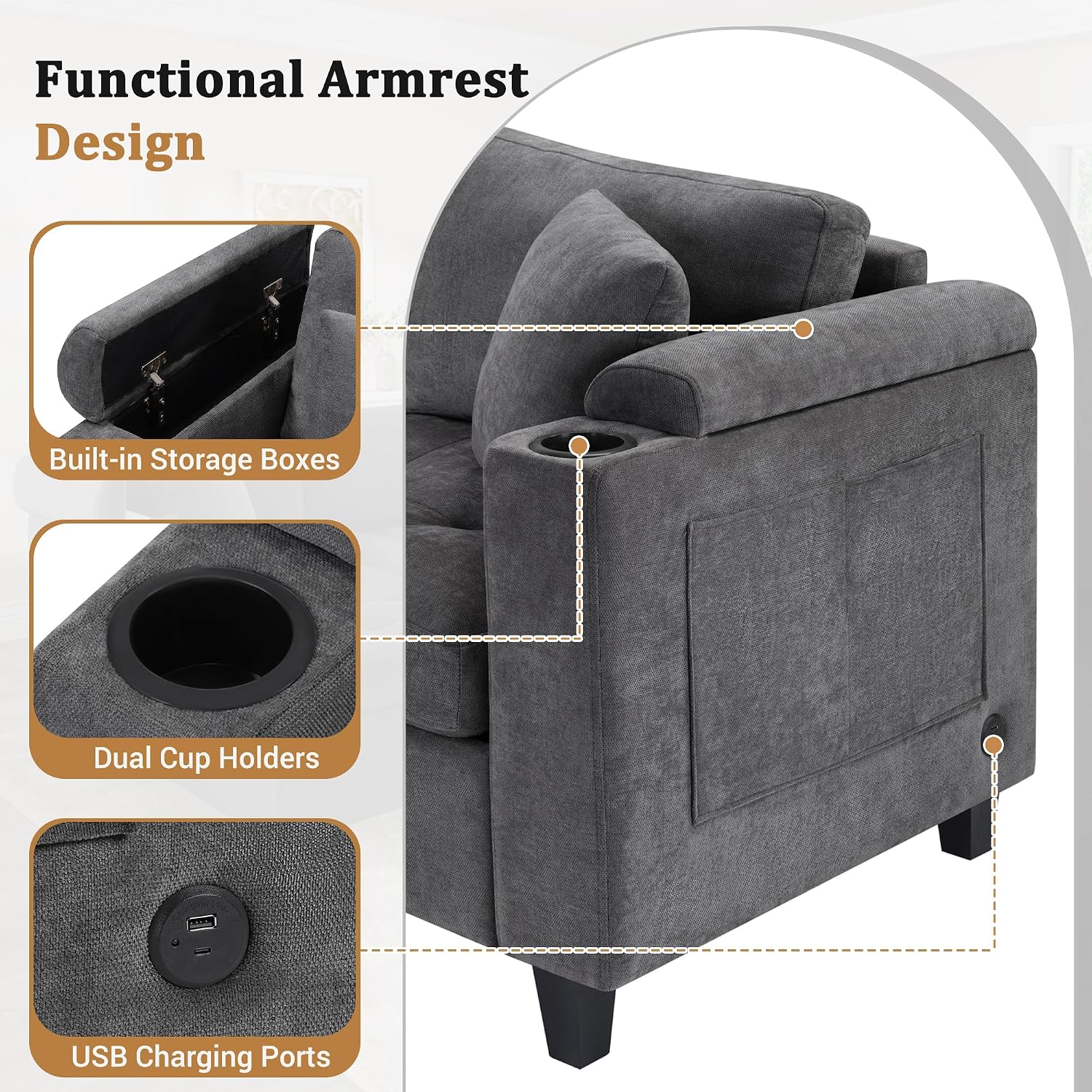 Eafurn Oversized U Shaped Sectional Sofa Tufted Couch w/Left Chaise, 6-Seater Chenille Convertible Corner Couches w/Cup Holders, Storage Armrest and USB Ports