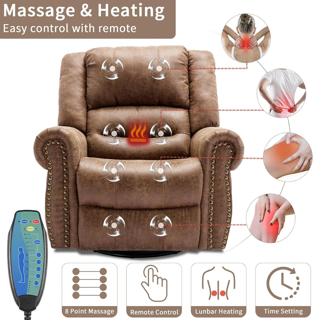 Manual Swivel Rocker Recliner with Heat and Vibration, 360° Swivel Glider Rocking Recliner, Ergonomic Lounge Massage Recliner Chairs with Side Pockets & USB Ports, Nut Brown