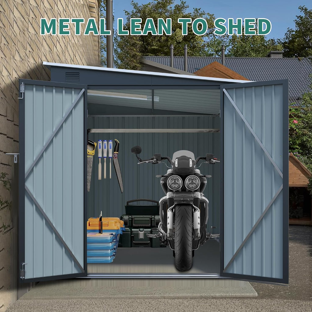 6x8FT Galvanized Steel Storage Shed with Lockable Double Doors, UV-Resistant Outdoor Metal Shed & Lean-to Design Garden Shed with PC Light Board for Tools, Bikes and Patio Essentials