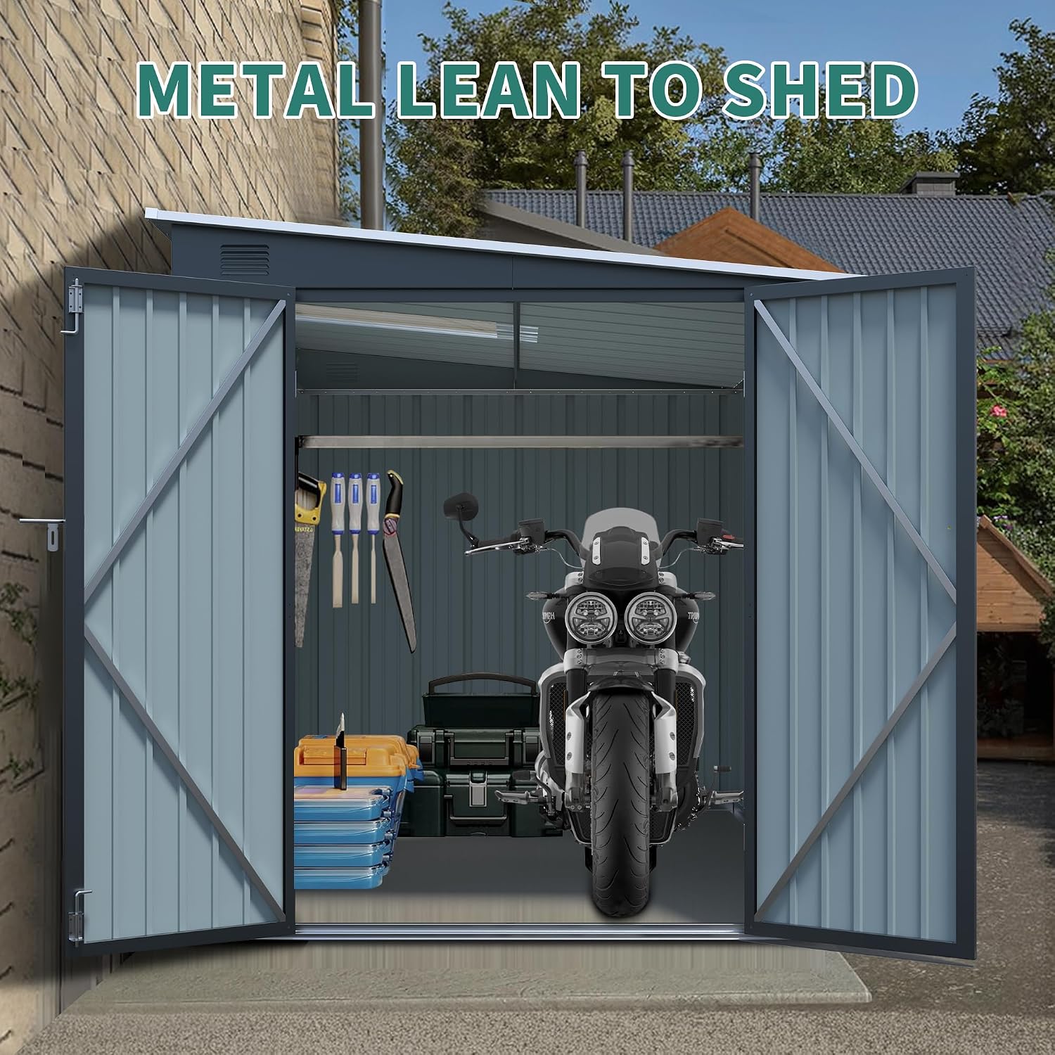 6x8FT Galvanized Steel Storage Shed with Lockable Double Doors, UV-Resistant Outdoor Metal Shed & Lean-to Design Garden Shed with PC Light Board for Tools, Bikes and Patio Essentials