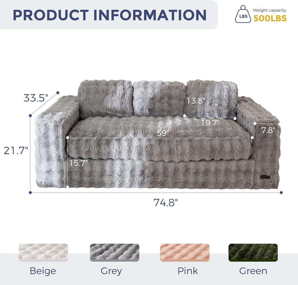MAXYOYO 3-Seater Boneless Sofa Couch, Modern Bubbled Sofa for Living Room, Soft Bean Bag Chair High-Density Foam Couch with Pillows, No Assembly Required