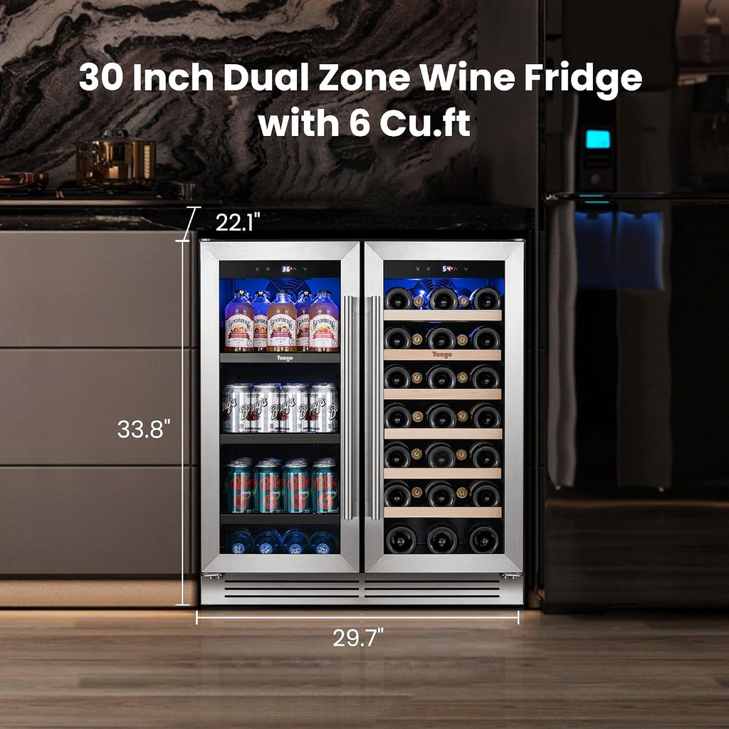 Yeego 30 Inch Wine and Beverage Cooler - 36-72°F, Holds 80 Cans & 33 Bottles Adjustable Shelves Beverage Fridge, Stainless Steel with Glass Door for Built-in for Kitchen/Bar