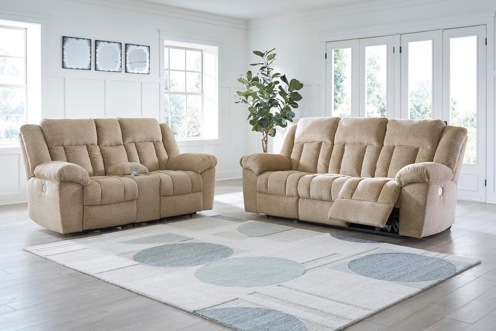 Signature Design by Ashley Tip-Off Classic Wall Hugger Power Reclining Loveseat with Adjustable Headrest, USB Ports, Storage and Cup Holders, Light Brown