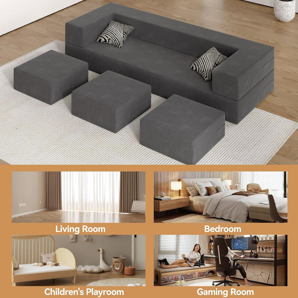 80'' Folding Bed Couch, Foam Floor Sofa with 3Ottomans& Washable Velvet Cover,Modular Sectional Sofa Futon Sleeper Convertible Memory Mattress for Guest/Living Room/Playroom,Queen,Deep Grey