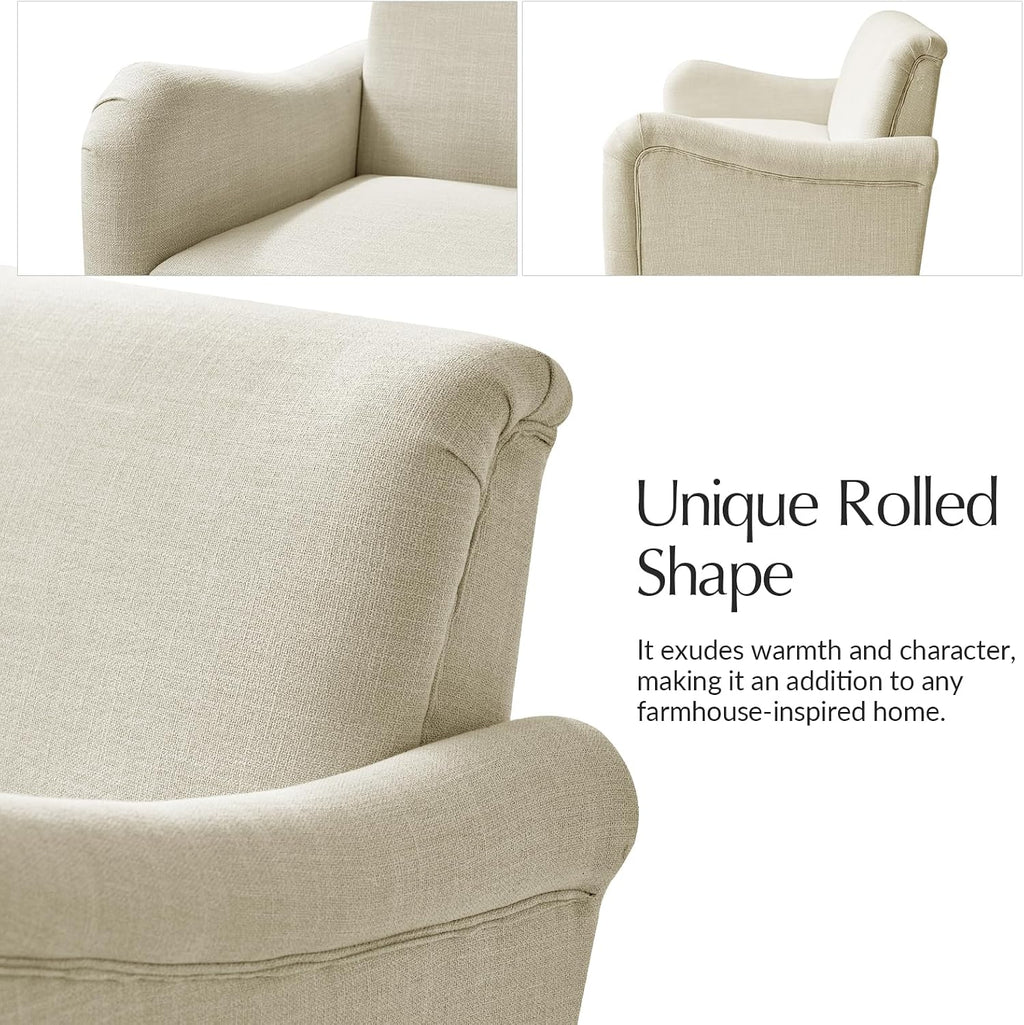 HULALA HOME Farmhouse Curved Couch with Solid Wood Spindle Legs, 3 Seater Sofa with Rolled Wide Armrests, Comfy Upholstered Sofa for Living Room Bedroom, Linen