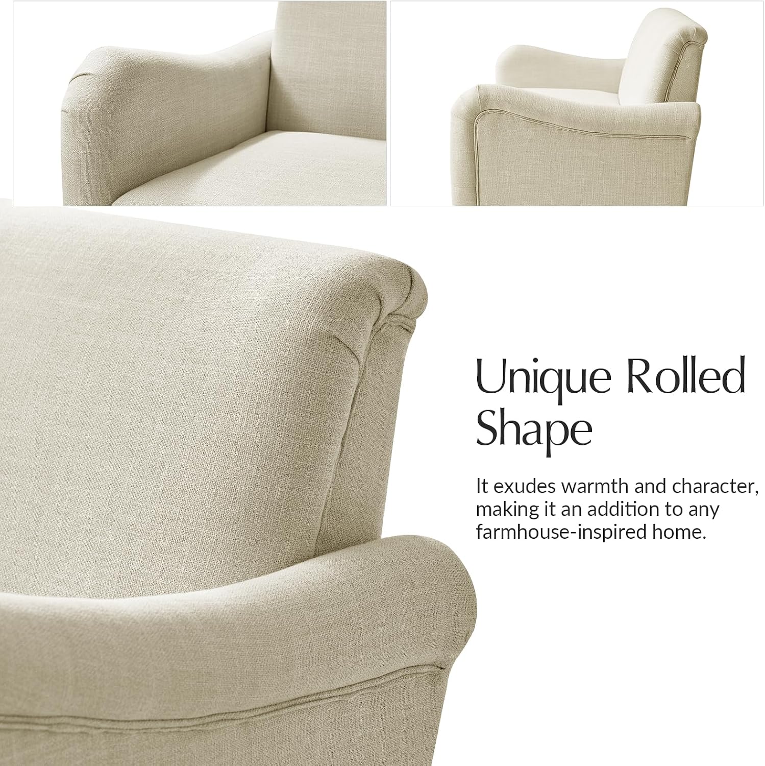 HULALA HOME Farmhouse Curved Couch with Solid Wood Spindle Legs, 3 Seater Sofa with Rolled Wide Armrests, Comfy Upholstered Sofa for Living Room Bedroom, Linen