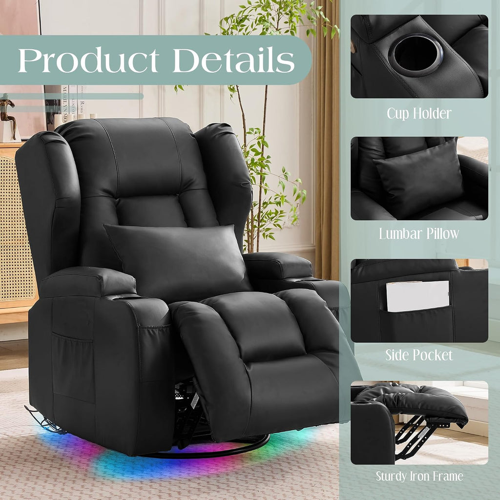 TUNYI Power Recliner Chair - Faux Leather Home Theater Seating Glider Reclining Sofa with Massage & Heat Swivel Rocker Recliner Chair for Living Room with LED Light/USB Port/Lumbar Pillow (Black)