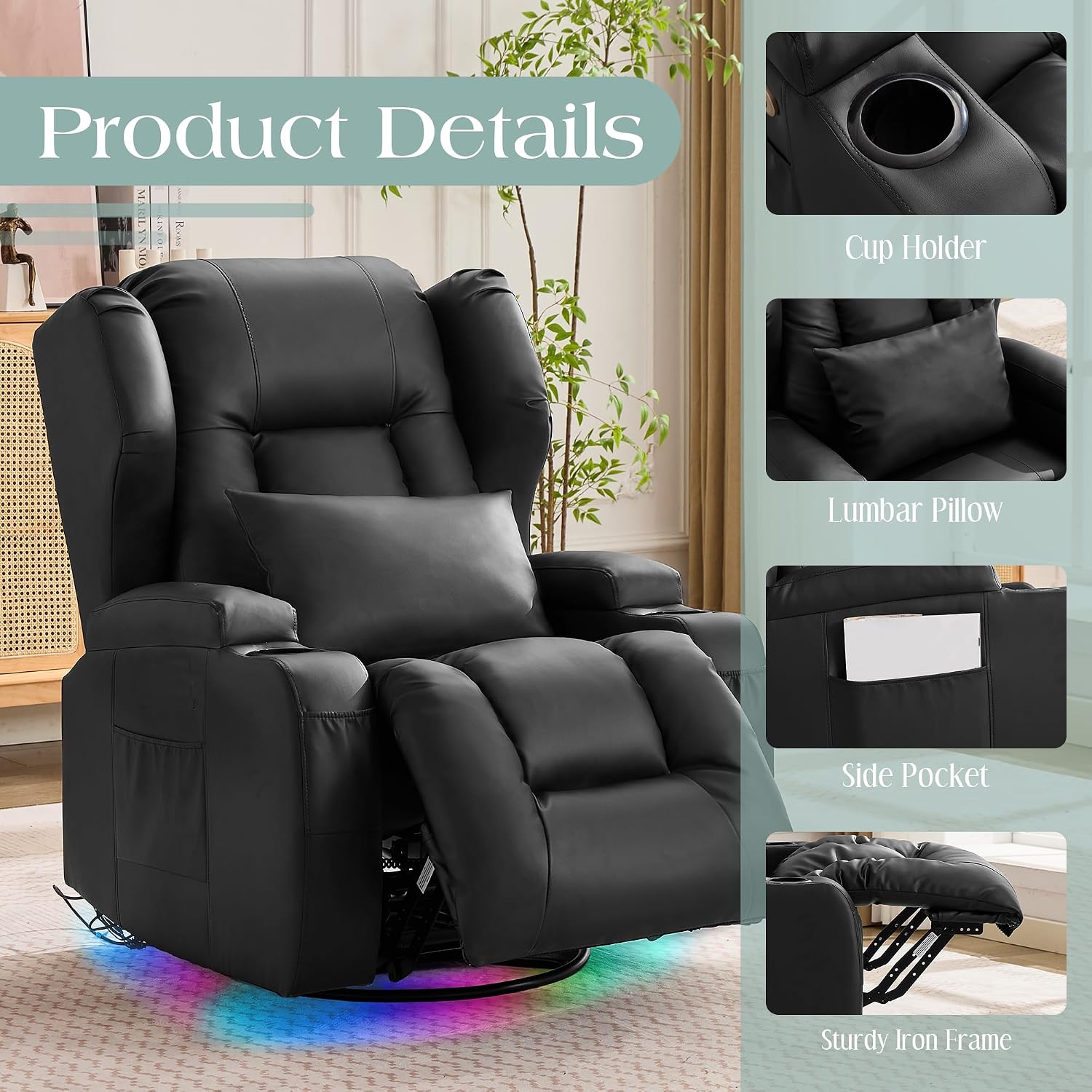TUNYI Power Recliner Chair - Faux Leather Home Theater Seating Glider Reclining Sofa with Massage & Heat Swivel Rocker Recliner Chair for Living Room with LED Light/USB Port/Lumbar Pillow (Black)