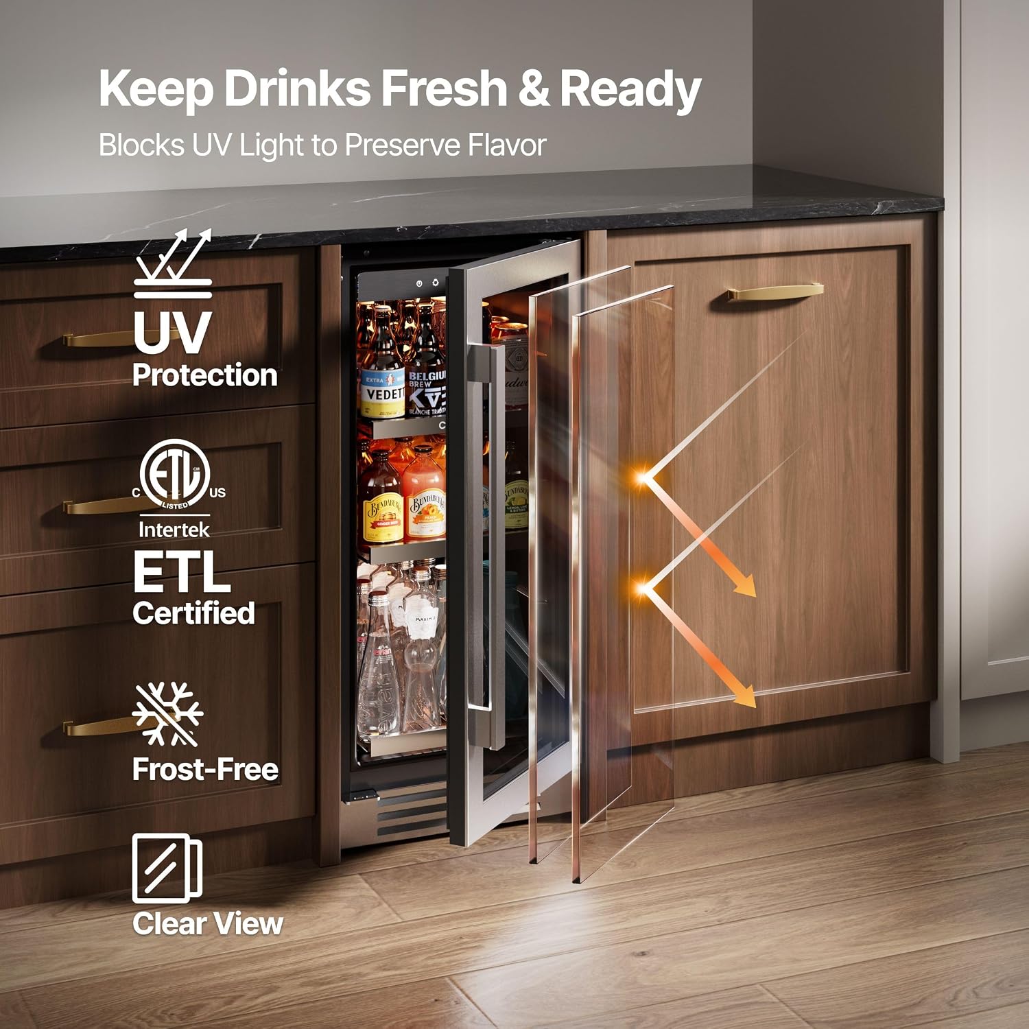 Ca'Lefort 15 Inch Beverage Fridge, 100 Can Beverage Refrigerator with Glass Door, 3 Color LED Lights, 34°F-54°F Built-in or Freestanding Drink Fridge for Kitchen, Home Bar, Office