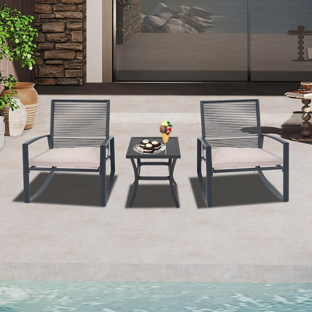 Domi Outdoor 3-Piece Wicker Rocking Chair Set, Patio Conversation Set with Removable Textilene Cushions & Metal Coffee Table, All-Weather Outside Chair Set of 3 for Balcony, Backyard, Pool, Beige