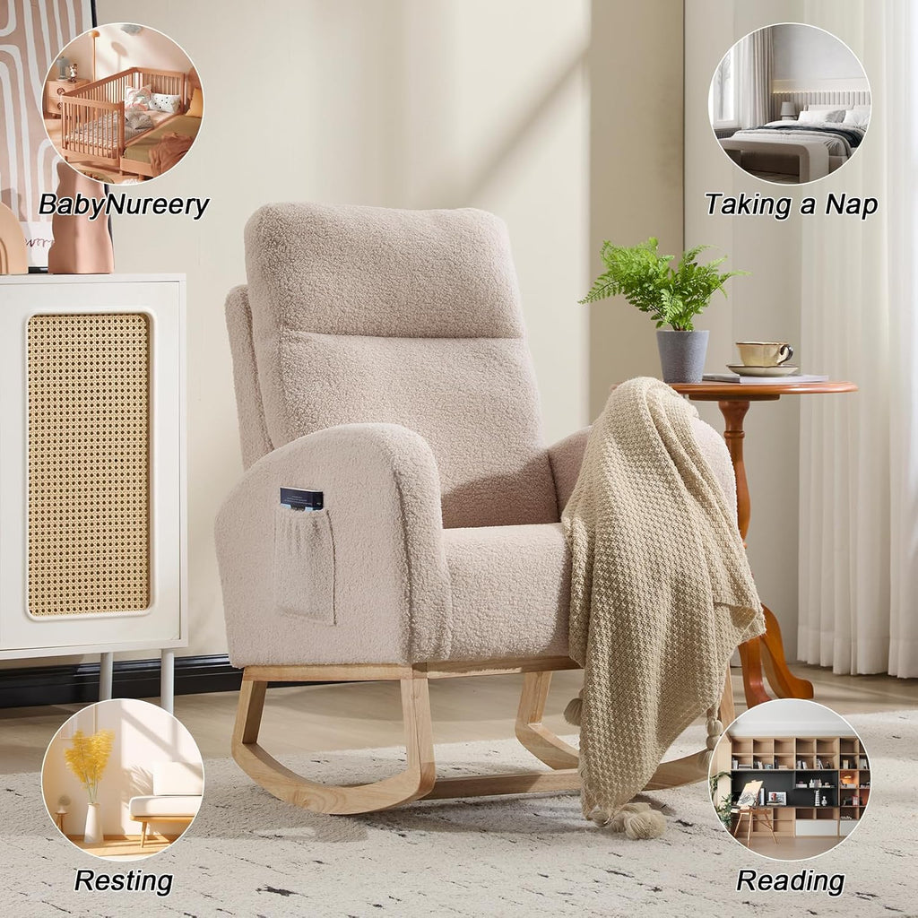 KEIKI Upholstered Rocking Armchair for Bedroom or Apartment, Soft Cushioned Nursery Glider with Wood Legs, High Back Support and Side Pocket for Everyday Comfort